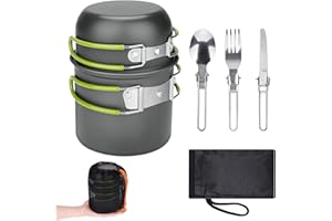 ERBO Camping Kochgeschirr Set, Camping Topf aus Aluminium, Outdoor Kochgeschirr mit Faltbare Besteck, Campinggeschirr 2 Personen, Camping Geschirr für Wandern Angeln Picknick (Grün)
