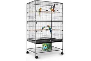 HYGRAD BUILT TO SURVIVE Large 132cm Flight Cage Stand Wheels Rolling Portable Metal Bird Cage Tray For Parrot Cockatiels Quaker Parakeets Green Cheek Conures Cockatoo Parrot Budgies Canary (Black 132x79x51.8cm)
