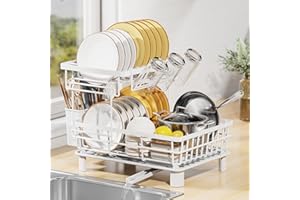 LIONONLY 2 Livelli Scolapiatti da Lavello con Drenaggio Automatico, Acciaio Inossidabile Sgocciolatoio con Ugello a Spirale e Portaposate e Portabicchieri,Scolapiatti da Appoggio