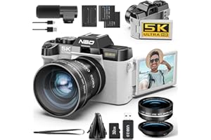 BD 5K Digitalkamera 48MP mit Autofokus & 16X Zoom, 3" 180° klappbarem Display, WiFi – Inkl. Weitwinkel/Makro-Linse + 2 Akkus (32GB Karte + Mikrofon) Weiß