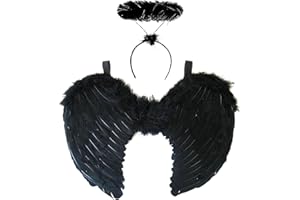 REDSTAR FANCY DRESS Ali celestiali e cerchietto scuro da angelo – Abito femminile con ali e ornamento nero – Travestimento nero da creatura celeste per donna – Completo dark da spirito caduto per adulti