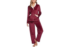 iClosam Pyjama Hiver Chaud Femme col V Ensemble de Pyjama en Flanelle Vêtements de Nuit à Manches Longues avec 2 Poches S-XXL