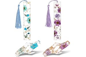 SLIVERDEW Lot de 4 marque-pages en résine de fleurs séchées porte-page de livre à fleurs transparentes faits à la main avec pompon mignon accessoires de livre cadeau pour les amateurs de lecture