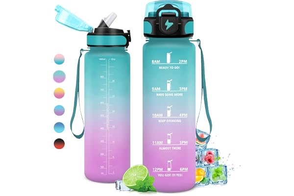 KollyKolla Gourde Sport 1L, Gourde Sport, Bouteille d'eau 1 Litre avec Marqueur de Temps et Paille, Étanche, sans BPA, Water Bottle pour Enfant, Adulte, l'école, Cyclisme, Fitness, Bureau, Gym