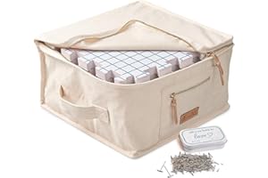 KnitIQ Spannmatten Set - 9 Extra Dicke Blockiermatten mit Rasterlinien, 150 Rostfreie T-Pins in Dekobox, Qualitätstasche für Stricken, Häkeln, Handarbeiten und Wohnaccessoires - Naturdesign