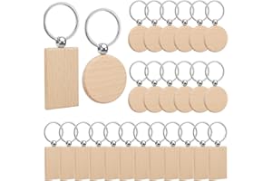 LITZEE 24 piezas de llaveros de madera en bruto, llaveros DIY en bruto redondos y rectangulares para manualidades con anilla para pintar, decorar con abalorios, DIY, regalos