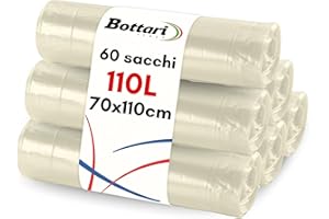 Bottari 60 sacs poubelle 110 L 70 x 110 cm avec lacets de fermeture, transparents, sacs poubelle résistants, 6 rouleaux de 10 pièces