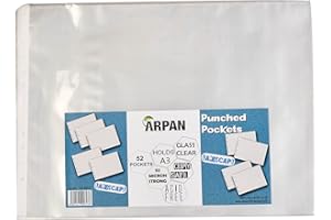Arpan, Buste perforate in plastica trasparente resistente, formato A3 orizzontale, senza acidi, 60 micron, confezione da 52
