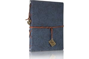 THXMADAM Vintage Notebook A5 Blue Leather Cover Writing Notebook Loose Leaf Travel Journal Diary Refillable Sketchbook with 200 Kraft Pages/100 Sheets and 1 PVC Zipper Pocket Gift for Man Boy Student