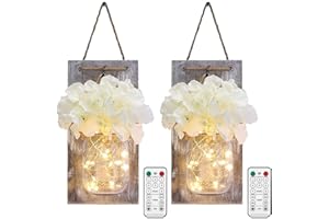Glighone Appliques Murales Mason Jar avec Télécommande, Décoration Murale de Chambre Rustique Minuterie Fleurs Artificielles Lumières Suspendue à Piles avec LED Bande pour Décor de ferme(lot de 2)
