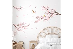 Decvictor Pegatinas de Pared Rosa Cerezo Flor Rama, Vinilos Decorativos Pared Flores Pájaros, Adesivos Paredes Decoración para Salon Pasillo Oficina Sofá Fondo Muro