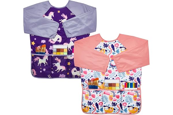 Lictin 2pcs Tablier Peinture Enfant, Imperméables Blouse Peinture Enfant, Tabliers pour Garçon avec 3 Poches, Convient aux Enfants de 3 à 8 ans, Idéal pour l'Art à l'École et la Cuisine