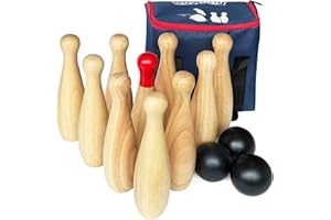 JAC & MOK Wooden Game Set-Lawn Bowling -Hardwood10 Pins & 3 Balls in a Carry Bag (23cm-High, natural)