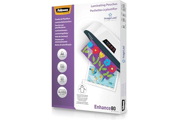 Fellowes Pack de 100 fundas plastificar A4, brillo, formato A4, 80 micras, con flechas direccionales ImageLast, fundas para plastificadora adecuadas para fotos y avisos