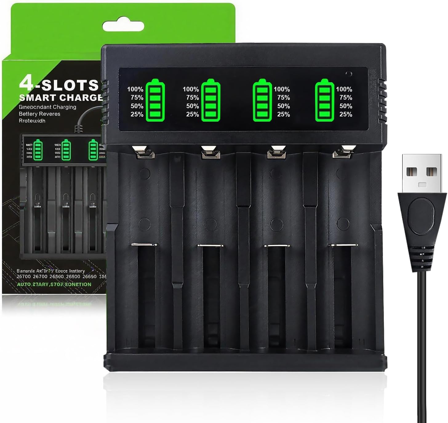 Cargador de Batería para 18650 10440 14500 16340 26650 26700 21700, 4 Ranuras Cargador Universal de Carga Rápida Recargables con Indicadora LED para 3.7V Li-Ion Batería, 53cm Cable USB
