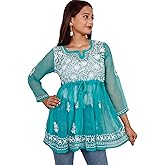KASANI Chikan Embroidered Georgette Short Kurti Top for Girls & Women