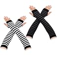 2 Paires Mitaines Longs Doigts Troués - Rayures Tricotées Pour Femme, Sport Et Quotidien