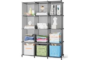 FUNLAX Meuble de Rangement en Forme de Cube - 12 Cubes - Bibliothèque Portable - Rangement de Salle de Bain - en Plastique - pour vêtements, Livres, Jouets, Laine et Chaussures,Gris