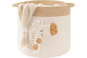 INOUGH Large Blanket Baskets for Living Room Decor, Toy Storage Baskets Woven Cotton Rope Storage Basket for Kids, Dog Toys Organizer Clothes Hamper with Embroidery Decor for NurseryLaundry (Large, Giraffe)