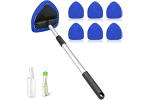 ZHYOPING 9 Pcs Car Windscreen Cleaner, Extendable Window Cleaner, Multifunctional Car Interior Cleaning Kit with 6 Reusable Microfiber Pads, 1 Aluminum Handle, 1 Spray Bottle, 1 Air Conditioning Brush