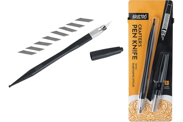 BRUSTRO Crafters Pen Knife with Embossing Stylus 8 Blade Refills Included Lightweight, Textured Grip, Ideal for DIY Crafts, Intricate Designs, Paper Craft, Origami, Sharpening, Cutting Pencils