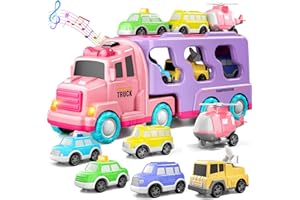Bennol Car Truck Toys for 2 3 4 5 Year Old Girls Toddlers, 7-in-1 Carrier Truck Toddler Girl Toys, Friction Power Toy Cars with Light & Sound, 2 3 4 5 Year Old Girls Birthday Toy