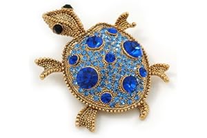 Avalaya Sapphire/Sky Blue Coloured Diamante 'Turtle' Brooch in Gold Plating - 5.5cm Length