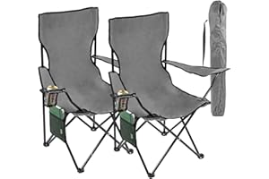 Livhome Set of 2 Camping Outdoor Folding Chairs in Grey - Lightweight Portable Chair with 600D Polyester & Rip Stop | Heavy Duty Steel Frame with Cup Holder and Side Pocket