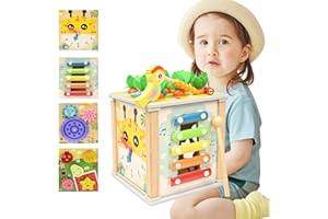 Kikuo Wooden Activity Cube Baby Toys 6 In 1, Montessori Toys Bonus Sorting & Stacking Game Multi-Functional Treasure Box Toys, Wooden Carrot Stacking Game for 2 3 4 Year Olds Boys Girls Gifts