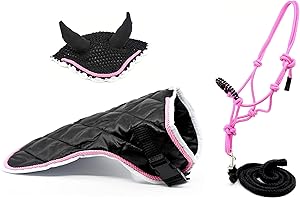 HOBBY HORSE LAND Licol éthologique avec Longe + Couverture + Bonnet Anti-Mouches pour Hobby Horse. Noir et Rose