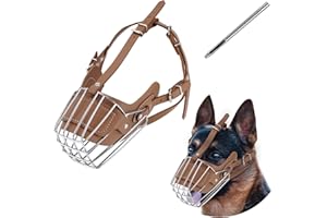 YINRIKOM Bozal para Perro, Cesta de Metal para la Cara del Perro, Correa de Cuero Ajustable Transpirable Adecuada para Perros Grandes y medianos (L) (Marrón L)