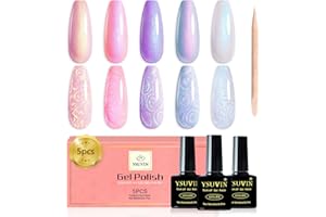 YSUVIN Smalto Semipermanente Unghie Perla, 5 Colori Bianco Rosa Viola Blu Nudo Perlescente Glitter Smalto Kit Soak Off UV/LED Shell Gel per Nail Art Salone, Perlato e Effetto Spirale
