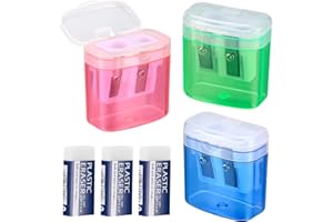 ANBEEISS 3 Pz Temperamatite a Doppio Foro, Temperino Manuale, Temperamatite con Coperchio Contenitore, Temperamatite per Bambini, Studenti, Scuola, Casa, Ufficio, con 3 Gomme