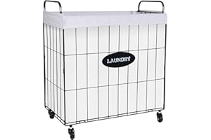 Mxfurhawa Iron Wire Laundry Hamper With Rolling Lockable Wheels, Folding Laundry Storage Basket with Handles,Liner, Collapsible Dirty Laundry Hamper Cart Sorter Clothes Basket (81-B)