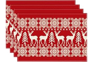 Artoid Mode Czerwone Renifery Świąteczne Podkładki Zestaw 4 szt., 30 x 45 cm Sezonowe Zimowe Wesołe Xmas Święta Vintage Zmywalne Maty Stołowe