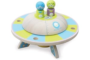 Indigo Jamm Flo the UFO, Retro Wooden Toy Vehicle with Rotating Saucer and Removable Alien Passengers