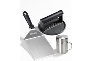 HULISEN Cast Iron Burger Press Set with Spatula and Dredge Shaker, 3 Piece Smashed Burger Kit for Bacon, Steak, Cheese, Panini, Flat Top Griddle, Indoor and Outdoor Barbecue Cooking