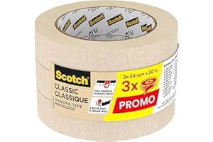 SCOTCHBLUE Scotch Masking Tape Classic Premium Beige, Promo Pack of 3 Rolls, 24 mm x 50 m - Adhesion - Painters Masking Tape for Indoor Painting and Decorating