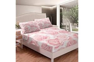 Homemissing Rose Bed Sheet Set Pink Rose Floral Fitted Sheet & Pillow Sham Set for Kids Boys Girls Women Romantic Flowers Girly Bedding Sheets 3D Vivid Rose 3Pcs Double Size