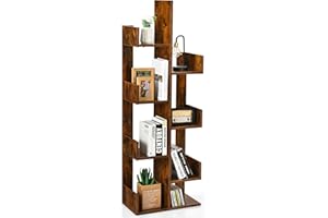 HOMASIS Bücherregal in Baumform, offenes Standregal mit 8 Ebenen, multifunktionales Regal mit fächern, Lagerregal Holz, Aufbewahrungsregal für Wohnzimmer, Schlafzimmer & Büro, 50 x 25 x 145 cm (Braun)