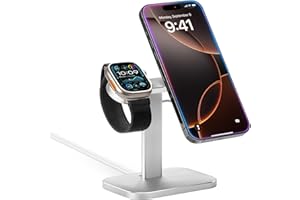 QinCoon Soporte de Celular para MagSafe, Soporte de teléfono de Carga de Escritorio, ángulo Ajustable, Compatible con iPhone y Apple Watch (Plata)