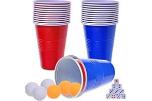 Faburo Beer Pong Set, Drinking Games for Adults, Beer Pong Game Set 16oz Blue & Red Plastic Beer Pong Cups and Balls for American Party Games,Birthday Parties and Office(30 Cups,6 Balls, 10 Dice)