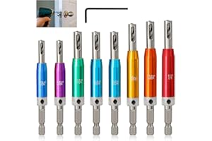 K Kwokker 8PCS Hinge Drill Bit Set, HSS Self Centering Drill Bits 1/4" Hex Shank Hinge Drill Bit Guide Set Window Woodworking Puncher Hole Drilling Tool, 5/64”, 7/64”, 9/64”, 11/64”,5mm,13/64'',1/4''