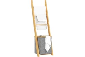 HOMCOM Estantería para Baño de Bambú, 2 en 1, Toallero de Pie con 3 Barras, Cesto para Ropa Sucia Extraíble de 48 L, para Dormitorio, Lavadero, Gris
