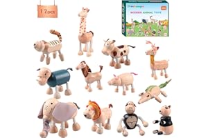 KUKIKUKI 12PCS Pieghevole Giocattoli Animali di Legno, Fun e Posable Giocattoli Animali Figure per l'Educazione precoce, Safari Giocattolo di Legno per Bambini, Legno Animale Learning Giocattolo per Bambini