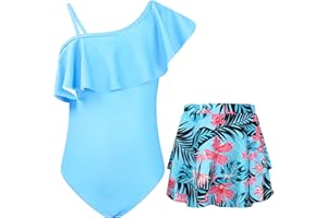 JiAmy Girls Swimming Costume One Piece Swimsuits One Shoulder Ruffle with Skirt UV Sun Protection Bathing Suit Floral Girls Swimwear 5-14 Years