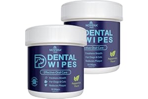 NOVEHA Lot de 100 lingettes dentaires pour chiens et chats | Rafraîchit l'haleine, réduit la plaque dentaire | Des gencives plus saines | Nettoie les dents sans brosse à dents | Soins bucco-dentaires