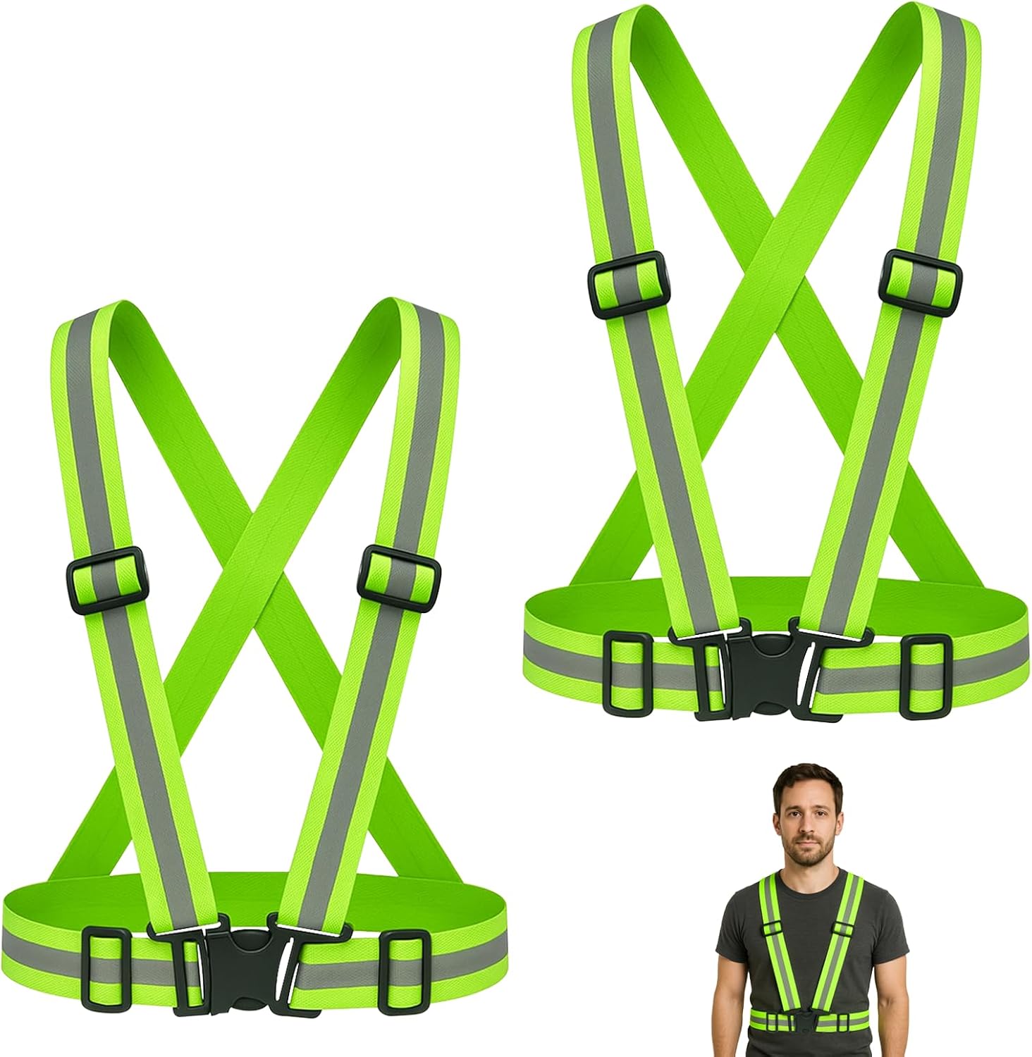 Chaleco reflectante de alta visibilidad de 2 piezas, cintura elástica ajustable, chaleco de seguridad transpirable para exteriores, para hombres y mujeres, ciclismo, motociclismo, jogging, verde