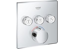 GROHE SmartControl - Square Concealed Mixer for Shower or Bath (3 Valves, Set for Final Installation for GROHE Rapido SmartBox, Push Button for ON-OFF, Turn for Volume Adjustment), Chrome, 29149000