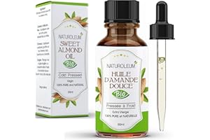 NATUROLEUM HUILE D'AMANDE DOUCE 100% BIO, pure et naturelle, pressée à froid- Extra Vierge - soin du corps peau visage cheveux, vegan, 50 ml